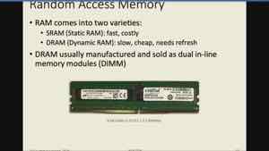 课件对比两类 RAM：SRAM 快而贵，常用于 cache；DRAM 慢而便宜、需刷新，用作主内存。