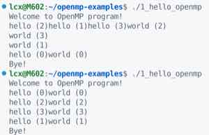 课件给出 hello_openmp 的运行输出:多个线程的 hello/world 交错出现,打印顺序不由线程编号决定。
