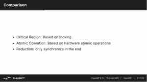 课件对 critical、atomic、reduction 等同步方式做对比,说明各自适用的场景与并发度影响。