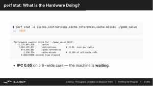 一次 perf stat 输出同时给出 cycles、instructions、cache 事件和 IPC；低 IPC 说明处理器大量时间在等待，但仍需结合热点判断等待什么。