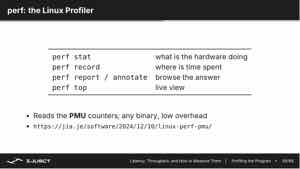课件给出 perf 工具族的分工：perf stat 问硬件在做什么、perf record/report 找时间花在哪、perf top 看实时热点。