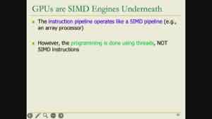 课件强调 GPU 本质是 SIMD 引擎:一条指令在同一时刻广播给很多数据单元,构成底层吞吐。