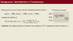 课件回顾 Transformer 的 self-attention:从隐藏向量得到 queries、keys、values,先算相关性再加权选出输出。
